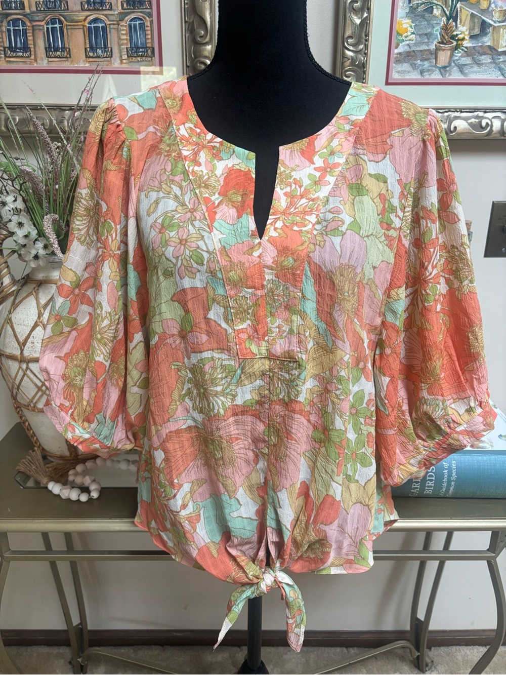 Rose & Olive Boho Coral Multi Floral Tie-Front Balloon Sleeve Blouse SZ XL NWOT